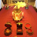 A German Christmas pyramid nativity, as well as a display of the Wise Men’s 3 gifts